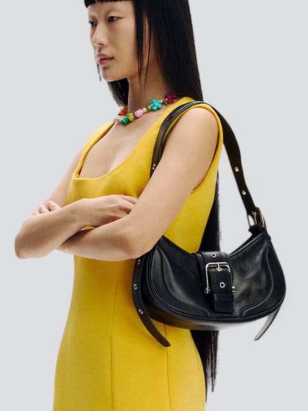 OSOI Brocle Black Crinkled Leather Buckle Hobo Shoulder Bag